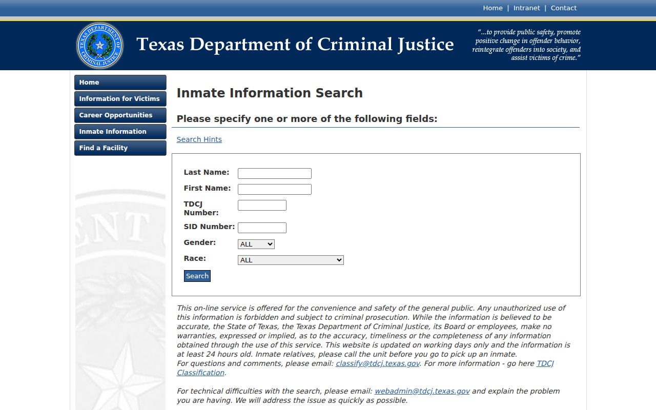 Wichita County criminal record custody search in TDCJ