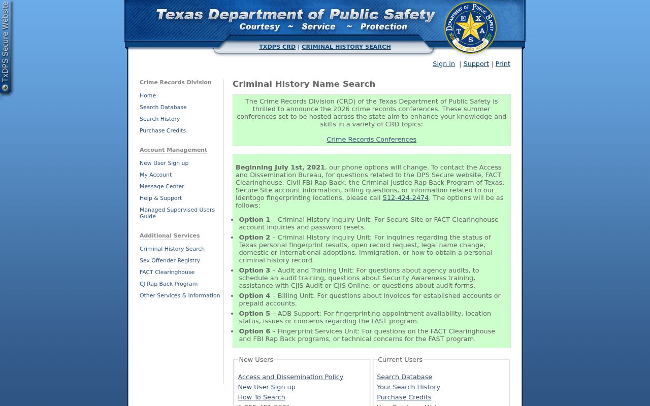 Wichita County criminal history search at the Texas DPS portal