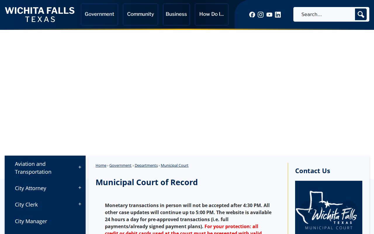 Wichita Falls Municipal Court criminal record hours and payment rules
