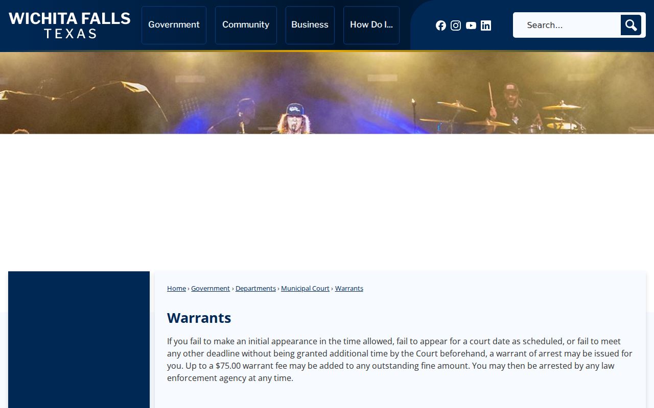 Wichita Falls criminal warrant record instructions and local fee warning